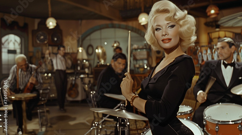 During the 1960s, a platinum blonde woman in a black dress stands poised with a drumstick, prepared to perform with a band.