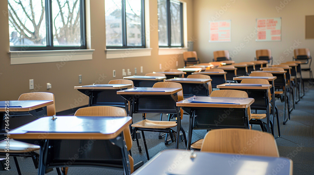 Classroom with Empty Desks and Chairs