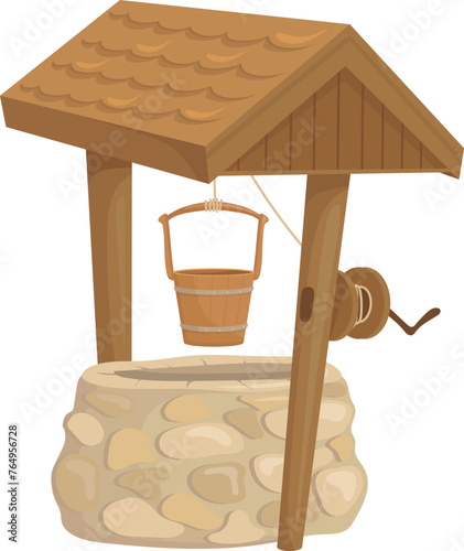 Cartoon farm well icon. Stone and wooden water source