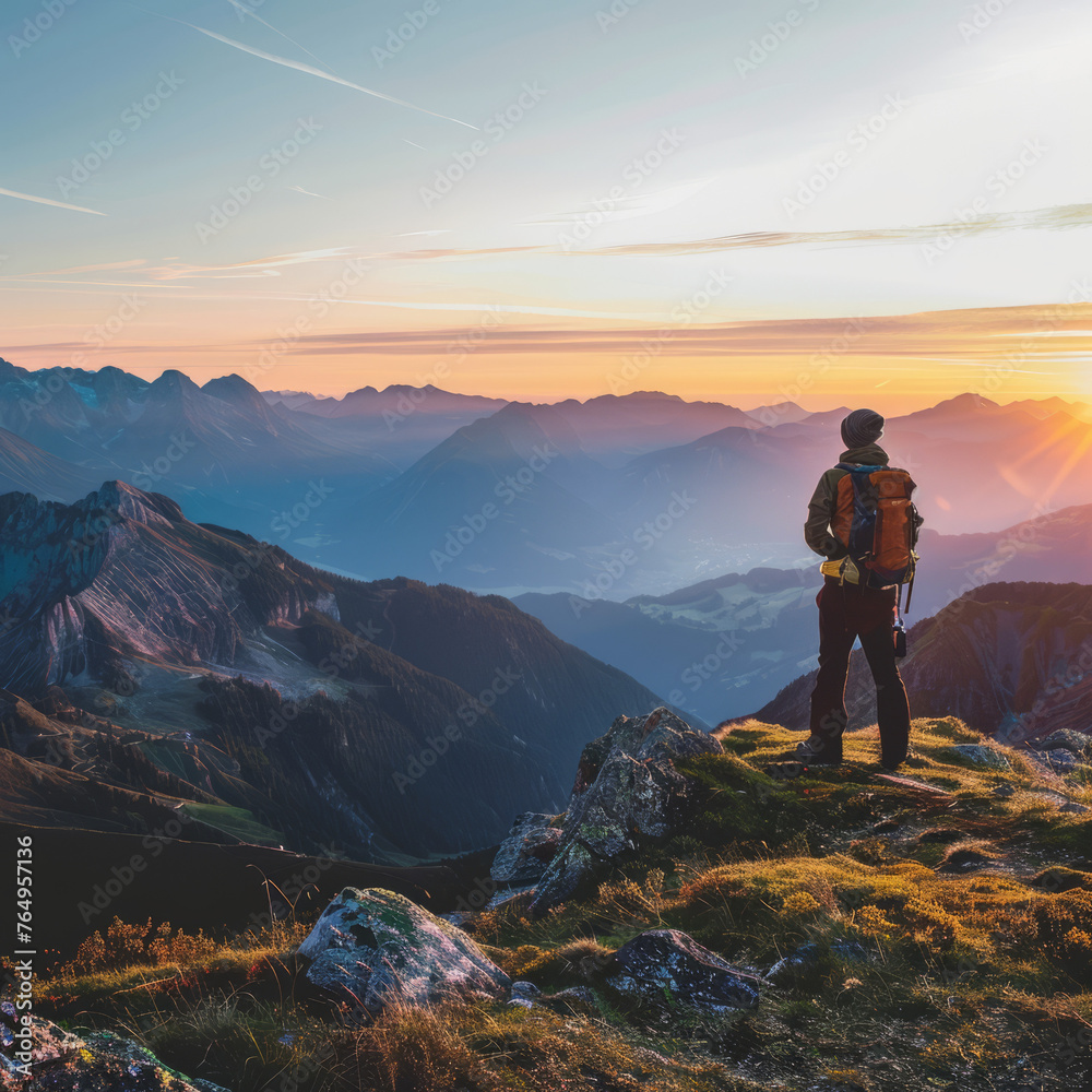 Solitary hiker enjoying a mountaintop view at sunset