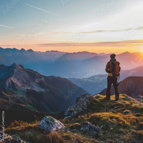 Solitary hiker enjoying a mountaintop view at sunset