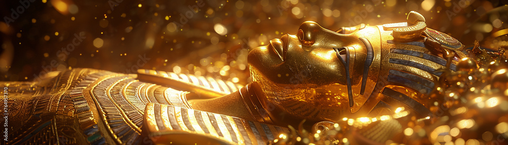 The Golden Treasure of King Tutankhamun, a treasure trove of ancient wonders Bring these artifacts to life through a 3D render, showcasing them under golden hour lighting with lens flare for a touch o - obrazy, fototapety, plakaty 