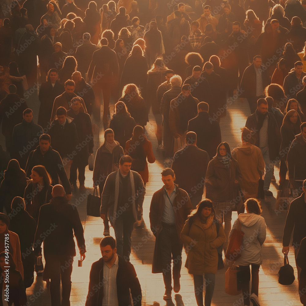 crowded place in the sunset.  - obrazy, fototapety, plakaty 
