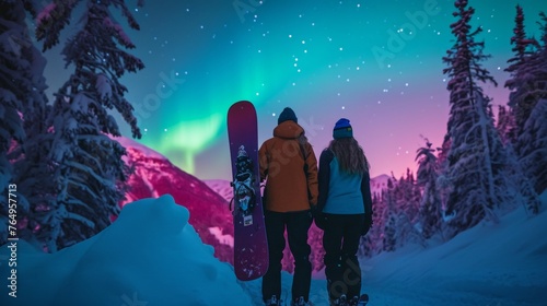 A couple stand in snow field with ski board with beautiful aurora northern lights in night sky in winter. photo