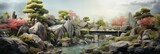 Japanese rock garden, beautiful zen green garden, banner