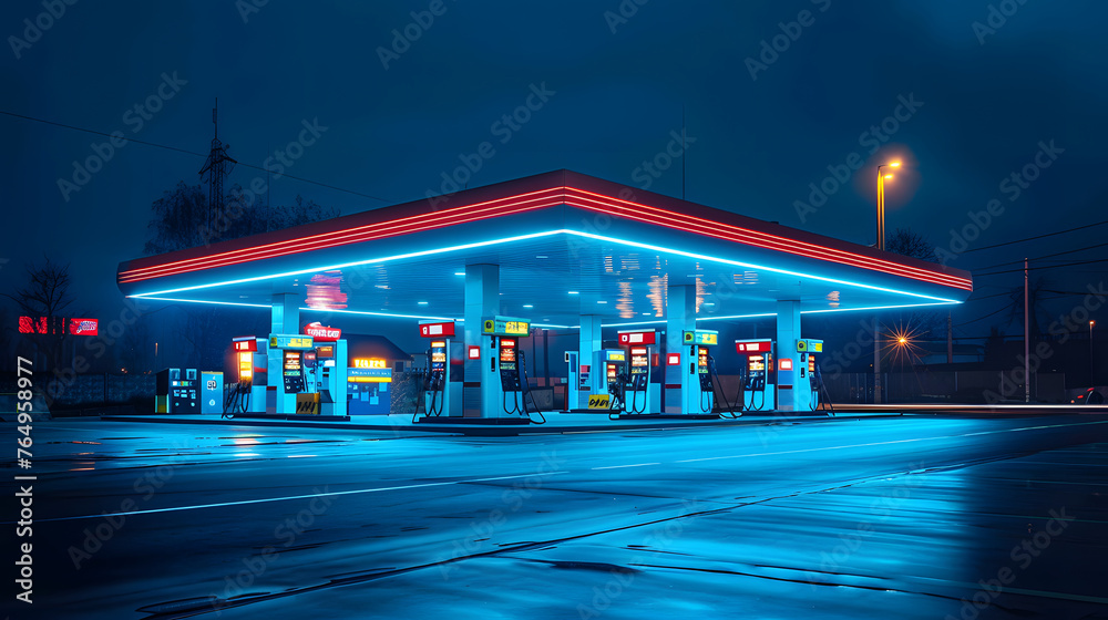 A blue gas station at night with wet pavement and blue lights illuminating the scene.