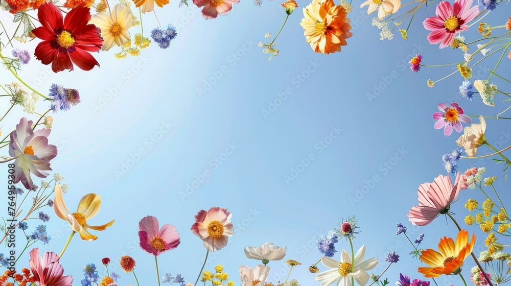 This captivating image shows a rich tapestry of various flowers set against the backdrop of a sky, evoking wonder