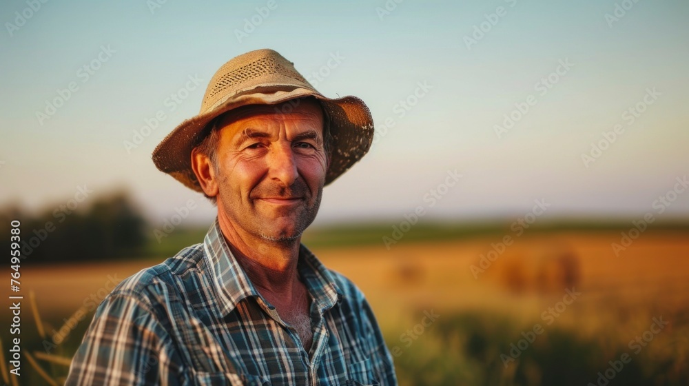 portrait of a farmer on his farm on a sunset