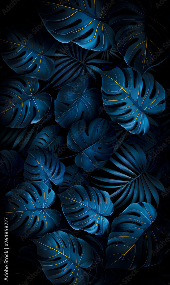 Lush digital monstera leaves in dark blue with golden accents. Botanical illustration concept. Generative AI Lush digital monstera leaves in dark blue with golden accents. Botanical illustration concept. Generative AI