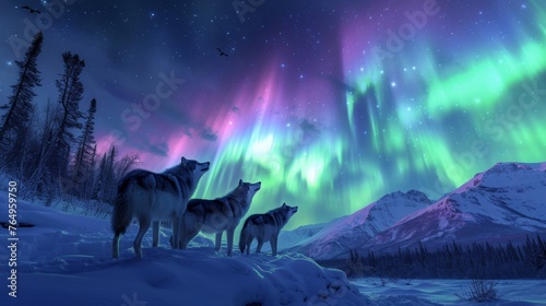 Wolves herd in wild snow field with beautiful aurora northern lights in night sky with snow forest in winter. © rabbit75_fot