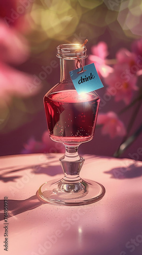 Artistic image of a crimson potion in a glass bottle with a 'drink me' label hanging, set against soft-focus flowers in the background photo