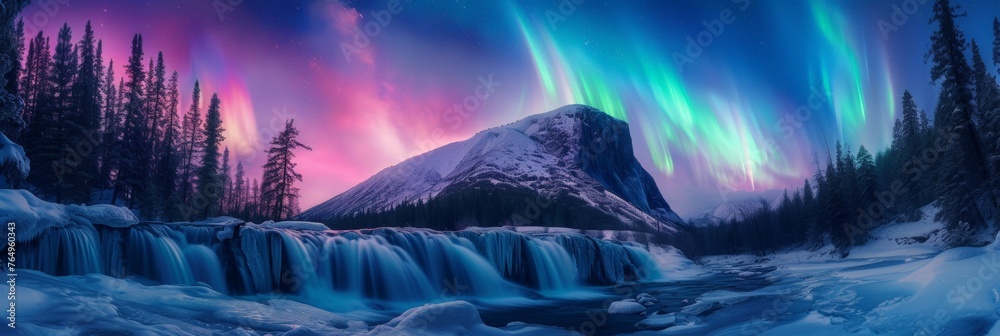 Waterfall with beautiful aurora northern lights in night sky with snow forest in winter.