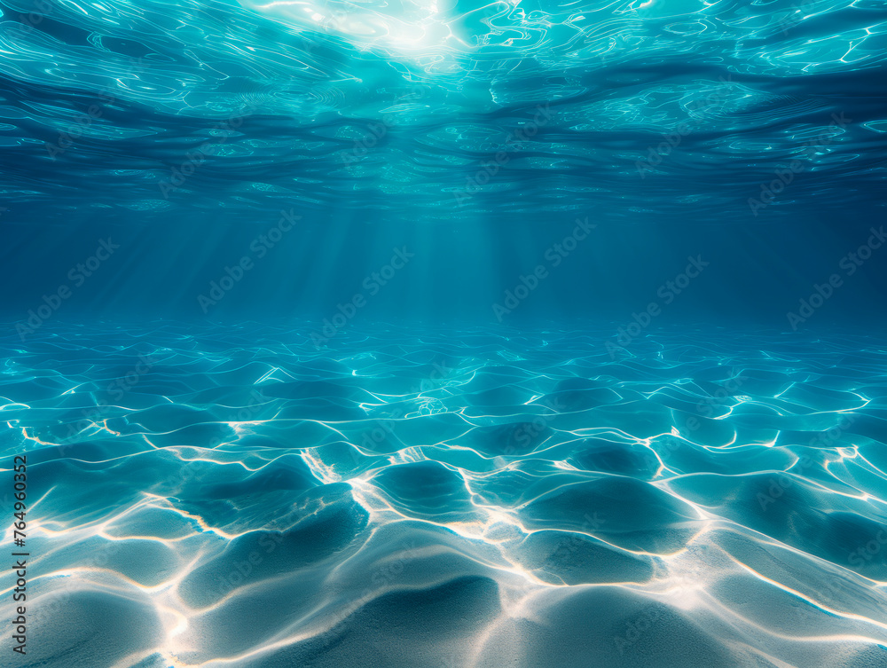 Underwater seascape with sand ripples and light beams. Marine serenity concept. Generative AI