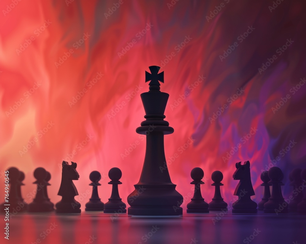Chess king standing tall among pawns on an abstract background, illustrating strategic leadership and individual authority