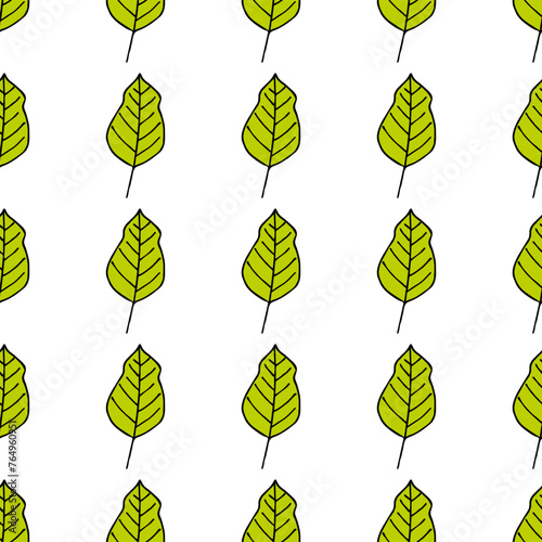 Seamless pattern in wondrous bright green leaves on white background. Vector image.