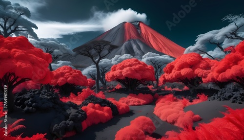 landscape shot of volcano garden and trees, captured using infrared photography, 8K resolution image, smooth and polished. bold red and black colors