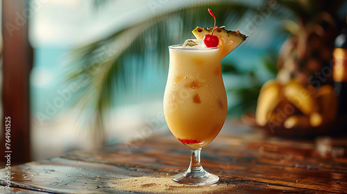 A tropical piña colada with a cherry on top, served in a fancy glass on a sandy beach table