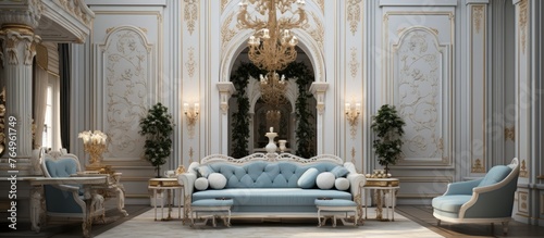 A stylish living room featuring a beautiful blue couch and an elegant chandelier hanging from the ceiling © 2rogan