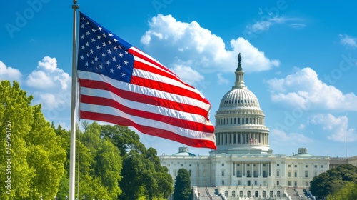 US national flag flying in air with capitol hill building in washington dc