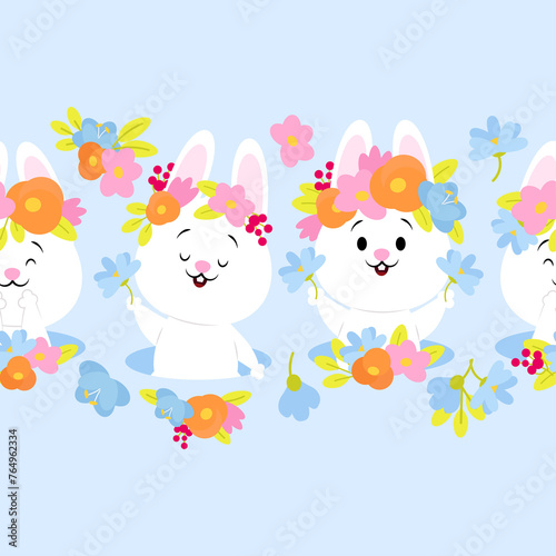 Seamless border of cute Easter bunnies and spring flowers