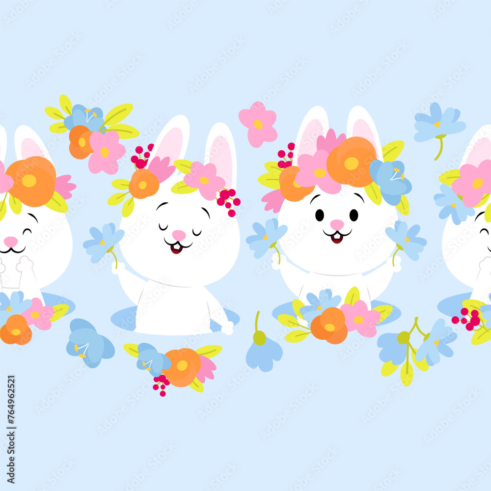 Seamless border of cute Easter bunnies and spring flowers Seamless border of cute Easter bunnies and spring flowers