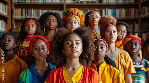 A group of young activists from various ethnicities gather in a library  their vibrant outfits and passionate expressions reflecting their commitment to social change