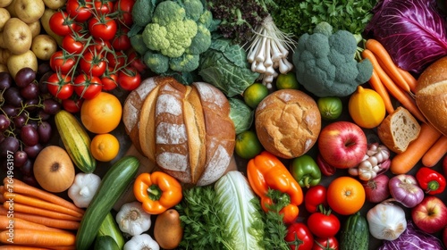 Top view of fresh groceries produce seamless.