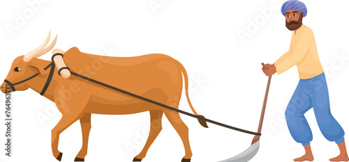 Indian man ploughing. Cartoon bull rural agriculture