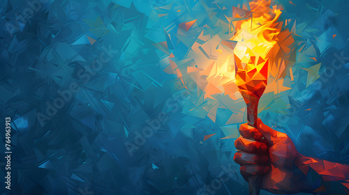 A hand is holding a torch with blue and red flames. The background is a dark blue with triangular shapes.
