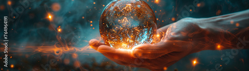 Hand holding a crystal ball evoking mystery photo