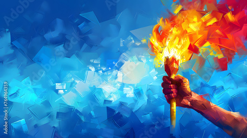 A hand is holding a torch with blue and red flames. The background is a dark blue with triangular shapes.
