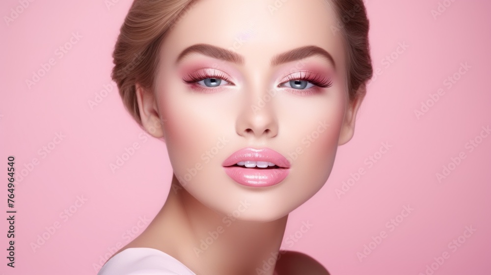 A woman with pink makeup on her face A woman with pink makeup on her face