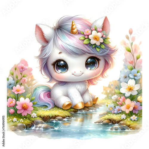 A delightful illustration of a small unicorn sitting by a peaceful stream, surrounded by a bloom of spring flowers and gentle water.