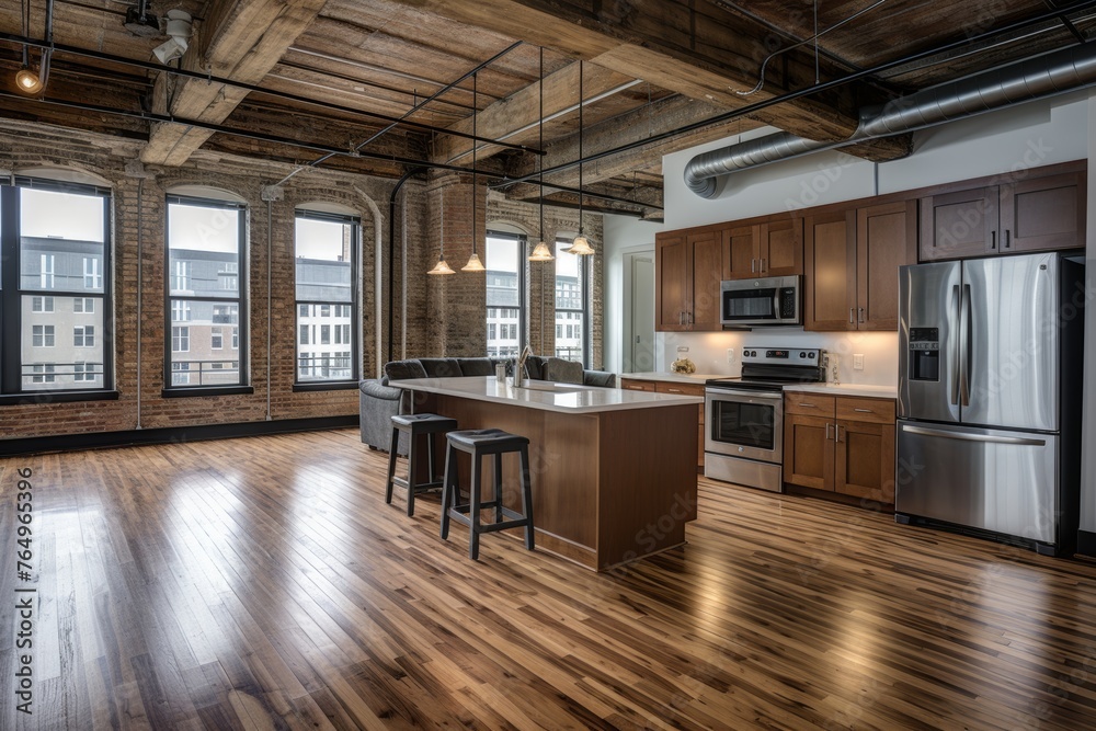 Modern industrial kitchen with exposed brick walls, metal accents, and modern appliances