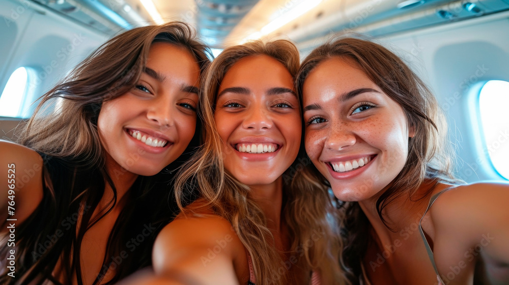 friends capturing a travel memory in an airplane. Generated by AI. friends capturing a travel memory in an airplane. Generated by AI.