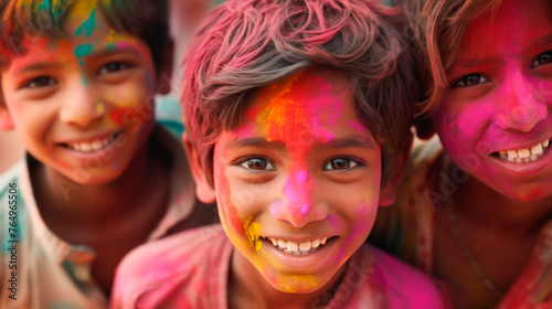 Holi celebrations - Group of kids playing Holi in India. © 3r1k_ai