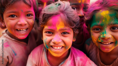 Holi celebrations - Group of kids playing Holi in India.