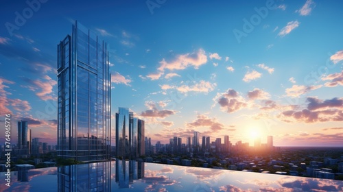 Photorealistic Tall building and behind it a beautiful and sky