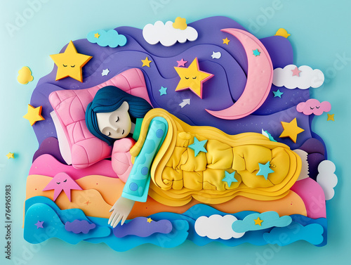 Papercut style sleeping and dream concept with 3d cartoon characters.
