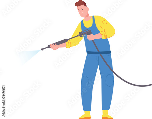 Car washing service worker spraying water. Cleaning transport