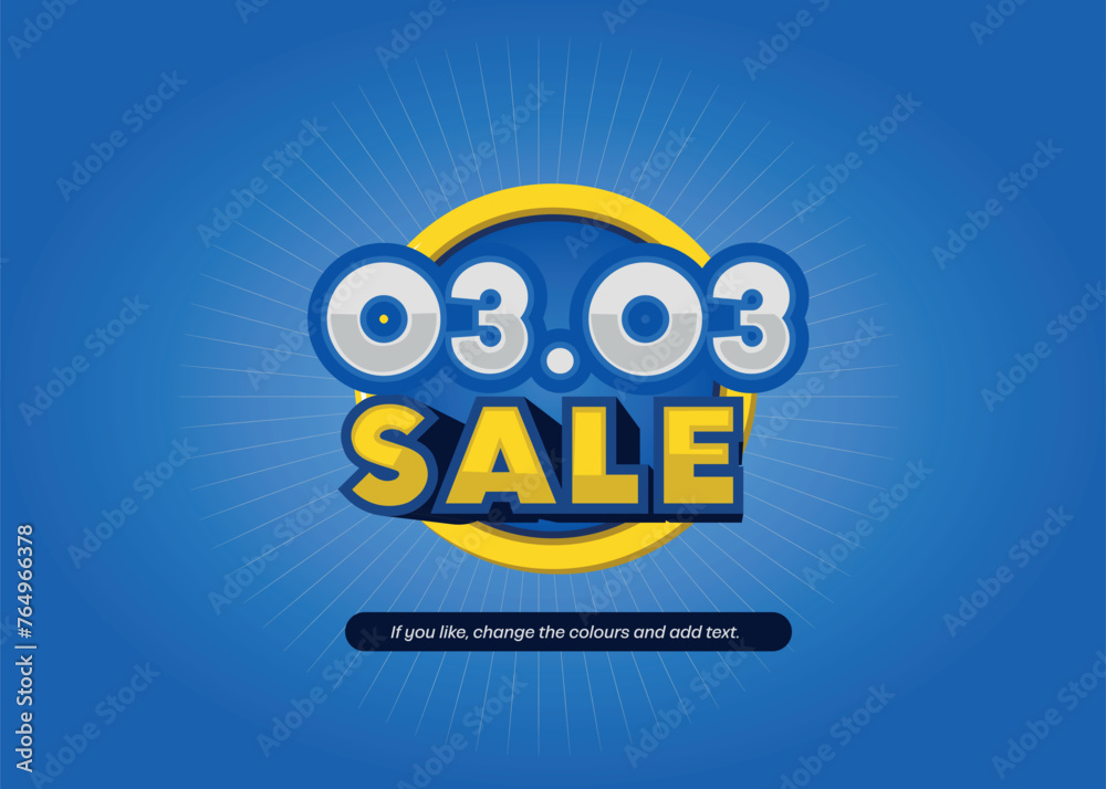 Illustration with 3d effect on the date 03.03 with the colours blue and yellow for commerce, promotions and sales.
