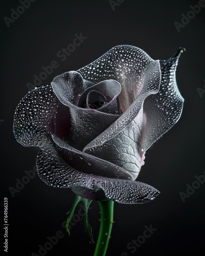 A single monochrome rose with meticulously placed dewdrops over its delicate petals on a dark background