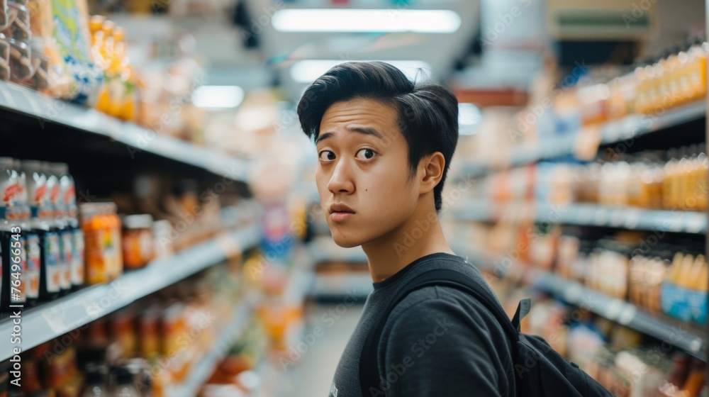 A male shopper in a grocery store shopping for food.