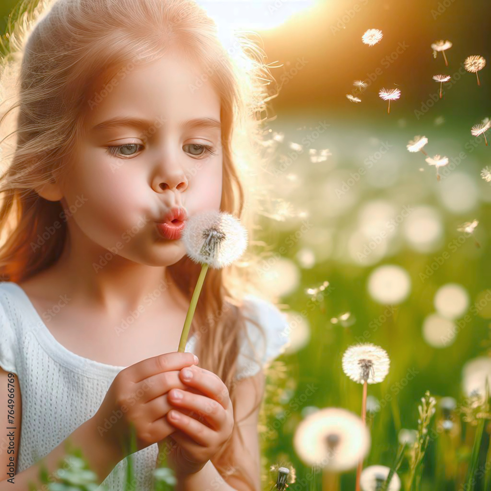 Cute little girl blowing dandelion seeds on summer meadow Cute little girl blowing dandelion seeds on summer meadow