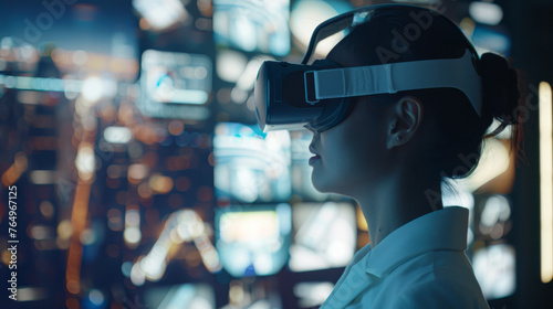 Young professional immersed in a virtual reality experience with neon city lights behind.