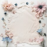 Beautifully styled crumpled white paper sheet adorned with pastel flowers and vibrant blue petals on a white background