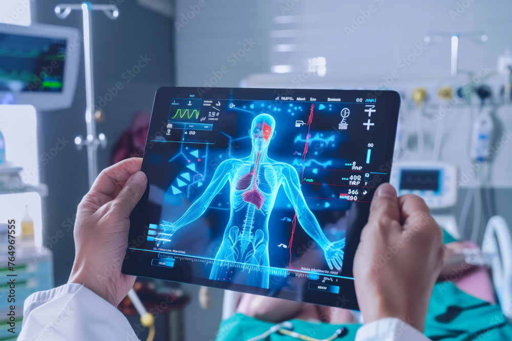 Naklejka premium A sophisticated medical tablet showcases a transparent human body with detailed anatomy and health data overlays