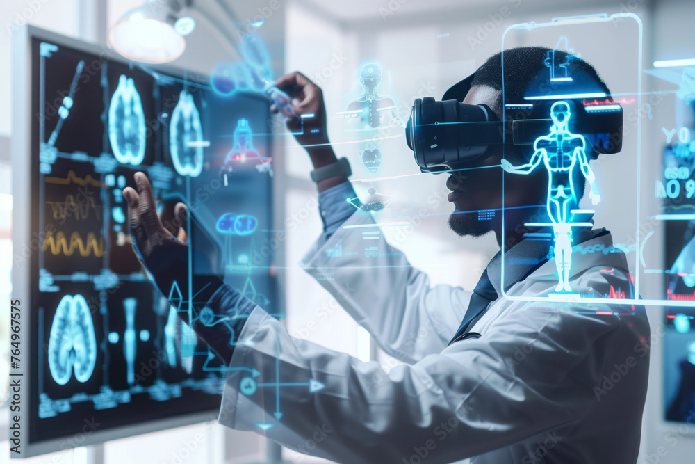 A healthcare professional engages with futuristic virtual reality technology to analyze medical data and patient information A healthcare professional engages with futuristic virtual reality technology to analyze medical data and patient information