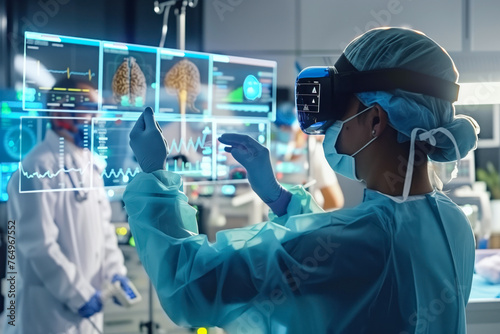 In a high-tech operating room, a surgeon uses virtual reality to explore detailed brain scans during a surgical procedure photo