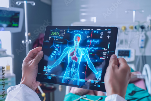 A sophisticated medical tablet showcases a transparent human body with detailed anatomy and health data overlays #764967555
